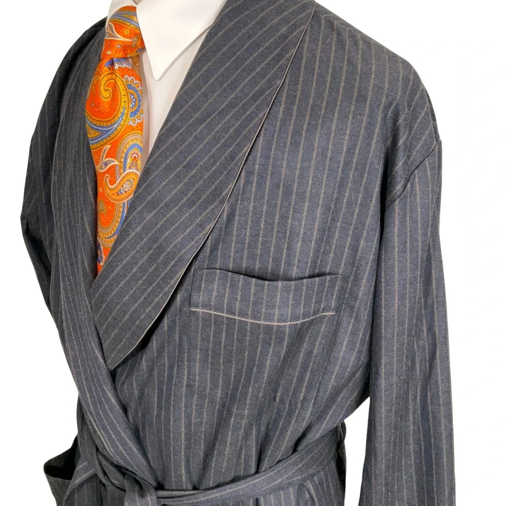 Hart Schaffner Marx Robe Mens S/M Navy Blue Wrap Pinstripe Shawl Belt Loungewear